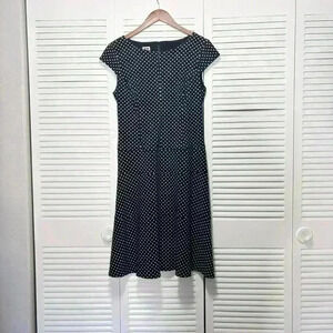 Anne Klein Cap Sleeve Dress Polka Dot Fit-Flared Back Zip Jersey Size 6